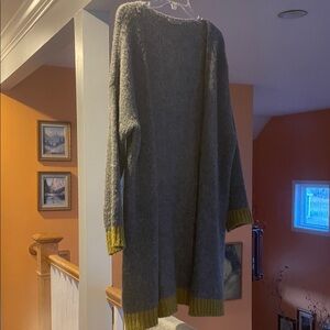 Gray Long Open-Front Women's Sweater Cardigan with Yellow Trim